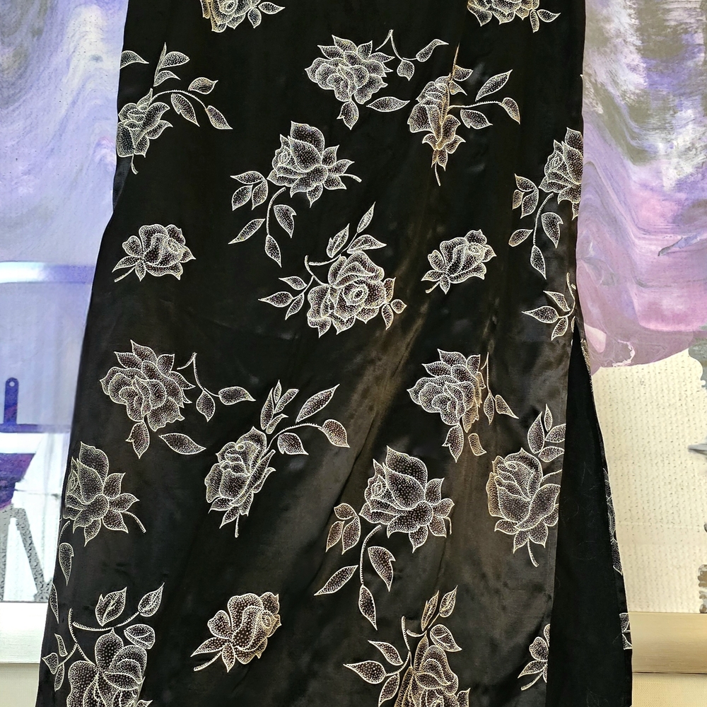 Love Peace Soul Floral Satin Maxi Skirt  Side Slit Rose Print Black Satin